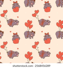 Retro Valentine Cute Baby Pygmy Hippo with balloons Seamless Pattern isolated on background