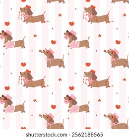 Retro Valentine Dachshund Pattern Seamless Cute Groovy sausage dog Wallpaper isolated on background