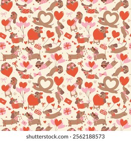 Retro Valentine Dachshund Pattern Seamless Cute Groovy dog Cartoon Wallpaper isolated on background