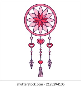 Retro Valentine Day boho icon of the dreamcatcher. Love symbols in the fashionable pop line art style. The figure of heart dreams catcher in soft pink, red and coral color. Vector illustration