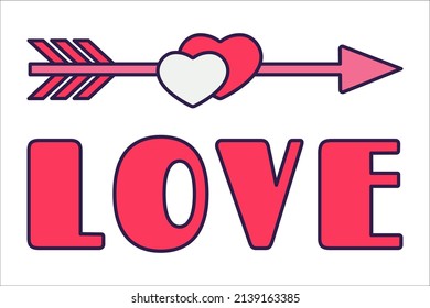 Retro Valentine Day icon arrow, heart, and lettering. Love symbols in the fashionable pop line art style. The figure of a heart in soft pink, red and coral color. Vector illustration isolated on white