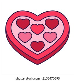 Retro Valentine Day Icon Candy Box Of Heart Shape. Love Symbol In The Fashionable Pop Line Art Style. The Sweet Chocolate Hearts Are Soft Pink, Red, And Coral Colors. Vector Illustration Isolated On