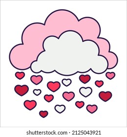 Retro Valentine Day icon clouds with hearts. Love symbol in the fashionable pop line art style. The cute cloud is in soft pink, red, and coral color. Vector illustration isolated on white.