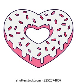 Retro Valentine Day icon donut heart of heart shape. Love symbol in the fashionable pop line art style. The sweet chocolate hearts are soft pink, red, and coral colors. Vector illustration isolated on