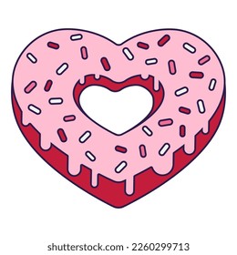 Retro Valentine Day icon donut heart of heart shape. Love symbol in the fashionable pop line art style. The sweet chocolate hearts are soft pink, red, and coral colors. Vector illustration isolated on