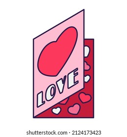 Retro Valentine Day icon greeting card with hearts. Love symbol in the fashionable pop line art style. The cute postcard is in soft pink, red, and coral color. Vector illustration isolated on white.