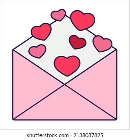 Retro Valentine Day icon open envelope with hearts. Love symbol in the fashionable pop line art style. The cute letter is in soft pink, red, and coral color. Vector illustration isolated on white.