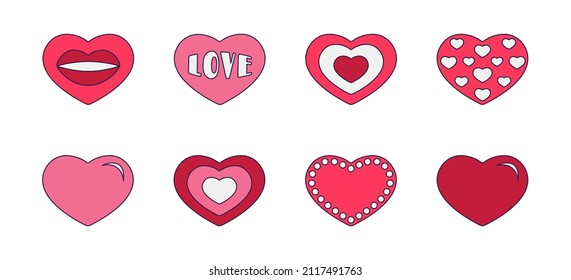 Retro Valentine Day set of icons heart. Love symbols in the fashionable pop line art style. The figure of different hearts in soft pink, red and coral color. Vector illustration isolated on white.