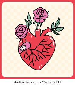 Retro Valentine Heart Organ with rose flower Nostalgic Illustration Wavy Hand Drawn Vibrant and Bold Style