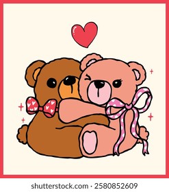 Retro Valentine Hugging teddy bears Nostalgic Illustration Wavy Hand Drawn Vibrant and Bold Style