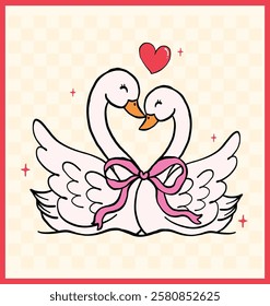 Retro Valentine Lovebird Swan with Bow Nostalgic Illustration Wavy Hand Drawn Vibrant and Bold Style