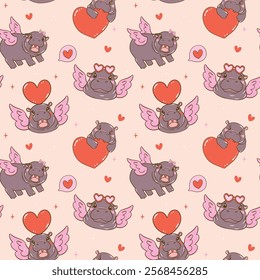 Retro Valentine Moo Deng Seamless Pattern Baby Pygmy Hippo isolated on background