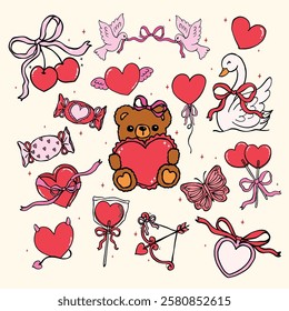 Retro Valentine Nostalgic Element Illustration set in Wavy Hand Drawn Vibrant and Bold Style