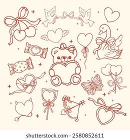 Retro Valentine Nostalgic Element Outline Illustration set Wavy Hand Drawn Vibrant and Bold Style