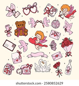 Retro Valentine Nostalgic element set Illustration in a Wavy Hand Drawn Style Vibrant and Playful 