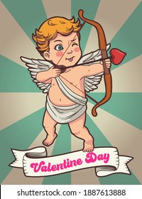 Retro Valentine Poster, Cupid with Love Arrow