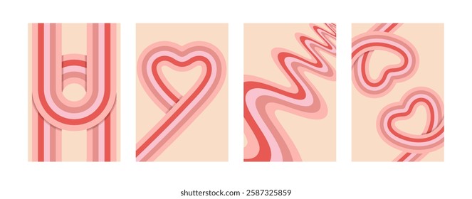 Retro Valentine posters 70s style. Vintage geometric backgrounds with pink lines.