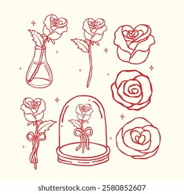 Retro Valentine Rose Set with Wavy Squiggle Outline in Hand Drawn Style