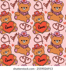 Retro Valentine Seamless Pattern Cowboy Teddy Bear with heart cartoon isolated on background