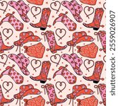 Retro Valentine Seamless Pattern Girly Cowboy Hat and boots Cartoon isolated on background