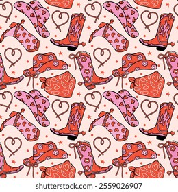 Retro Valentine Seamless Pattern Girly Cowboy Hat and boots Cartoon isolated on background