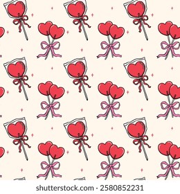 Retro Valentine Seamless Pattern Heart Lollipops with Bow Nostalgic Illustration isolated on Background