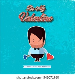 Retro Valentine's Day card as funny Man with Heart and Flowers