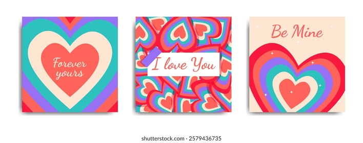 Retro Valentine's day card set with colorful hearts and romantic messages. Vector illustration