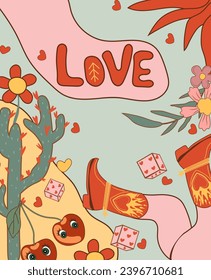 Retro Valentine's Day card. Showcases cartoon-style groovy romantic elements and festive hippie characters. Perfect for use as love-themed stickers on posters and cards. Vector illustration.