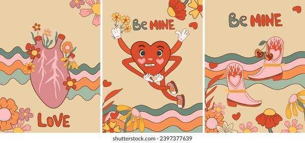 Retro Valentine's Day cards collection. Features cartoon groovy romantic elements and holiday hippie characters. Ideal as love stickers for posters and cards. Vector illustration