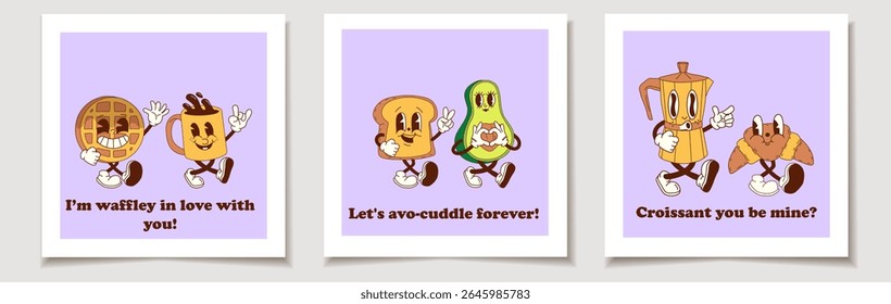 Retro Valentine's Day Cards with Groovy Breakfast Duo and Funny Captions