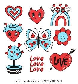 Retro valentines day collection in doodle style. Cute simple hand drawn romantic and love elements set with heart, rainbow, butterfly, flower,  inscription. Isolated vector illustration