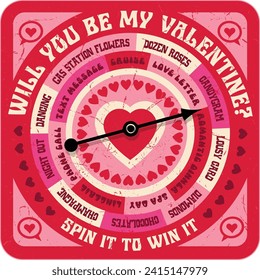 Retro Valentines Day game with spinning arrow, answers, and heart symbols. Fun for Valentines Day, social media, cards, posters, print materials, board games.  