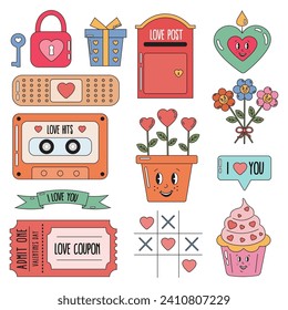 Retro valentines day icons, elements collection hearts, i love you, love music, flower, coupon, post, gift, sweets. Set of valentines day elements groovy hippy vintage stickers. Romantic concept.