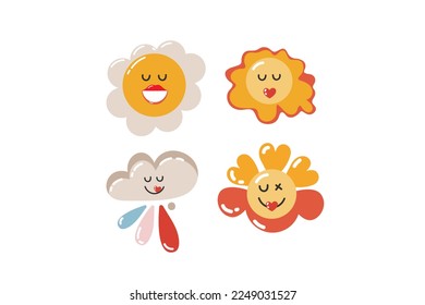 Retro Valentine's day illustrations. Set of different hand drawn love elements. Holiday concept. Variety of isolated Valentine stickers for print. Heart, Chamomile, Flowers, Smile