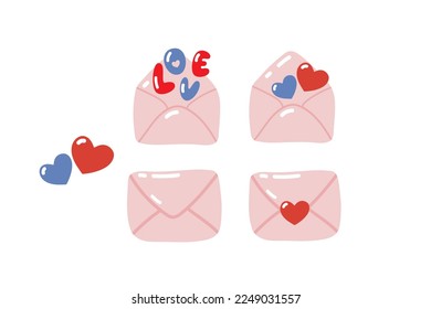Retro Valentine's day illustrations. Set of different hand drawn love elements. Holiday concept. Variety of isolated Valentine stickers for print. Heart, Letter, Love