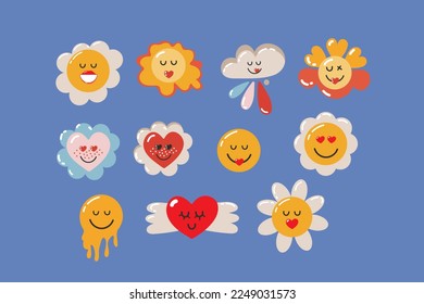 Retro Valentine's day illustrations. Set of different hand drawn love elements. Holiday concept. Variety of isolated Valentine stickers for print. Heart, Chamomile, Flowers, Smile