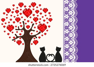 Retro Valentine's Day poster. Vector illustration of romantic Valentines heart tree couple of black cat on the retro Lace background. EPS 10