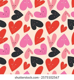 Retro Valentine's Day romantic seamless pattern with cute cartoon hearts. Love playful background for february 14