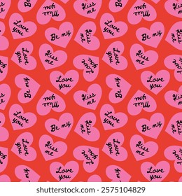 Retro Valentine's Day romantic seamless pattern with cute cartoon hearts. Love playful background for february 14