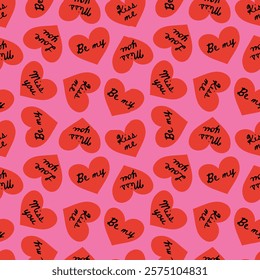 Retro Valentine's Day romantic seamless pattern with cute cartoon hearts. Love playful background for february 14