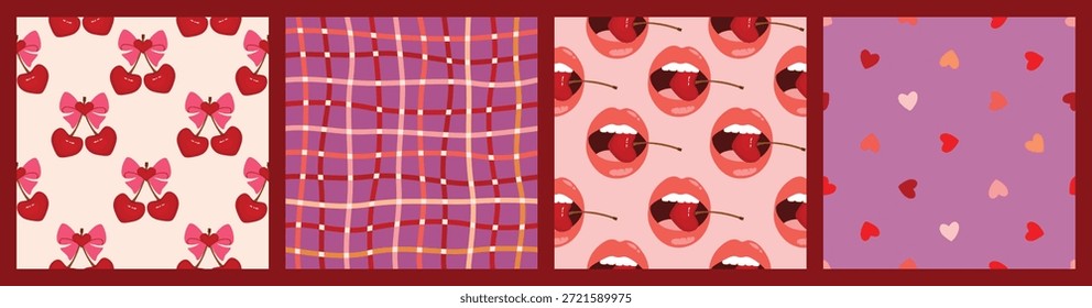 Colección de patrones sin costuras retro del día de San Valentín. Cerezas en forma de corazón con lazos, labios femeninos con frutas, estampado irregular a cuadros, corazones de colores. Fondos románticos de Vector para textiles.