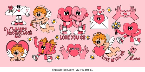 Retro Valentines day sticker. Cartoon groovy romantic elements, holiday hippy characters. Vintage comic cute cupid with love arrow, running heart with flower, vector set. Hands holding valentine card svg