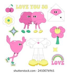 Retro Valentine's day sticker. Cartoon groovy romantic elements, holiday hippy characters. Vector illustrtion.