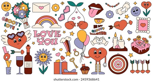 Retro Valentines day sticker. Cartoon groovy romantic elements, holiday hippy characters. 14 of February groovy fun illustrations. Cartoon romantic 60s, 70s vintage Happy Valentine's day stickers