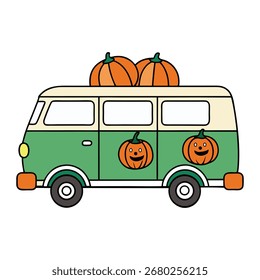 Retro van with halloween pumpkins