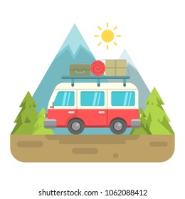 Retro Van Illustration with mountain background