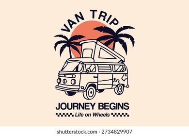 Retro van road trip illustration with palm trees and sunset elements, representing freedom, travel, and summer adventure. Perfect for travel-themed merchandise and lifestyle branding.