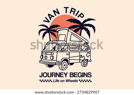 Retro van road trip illustration with palm trees and sunset elements, representing freedom, travel, and summer adventure. Perfect for travel-themed merchandise and lifestyle branding.