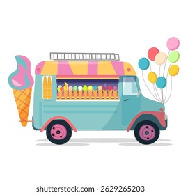 Retro van sells ice cream in a cartoon style on the white background